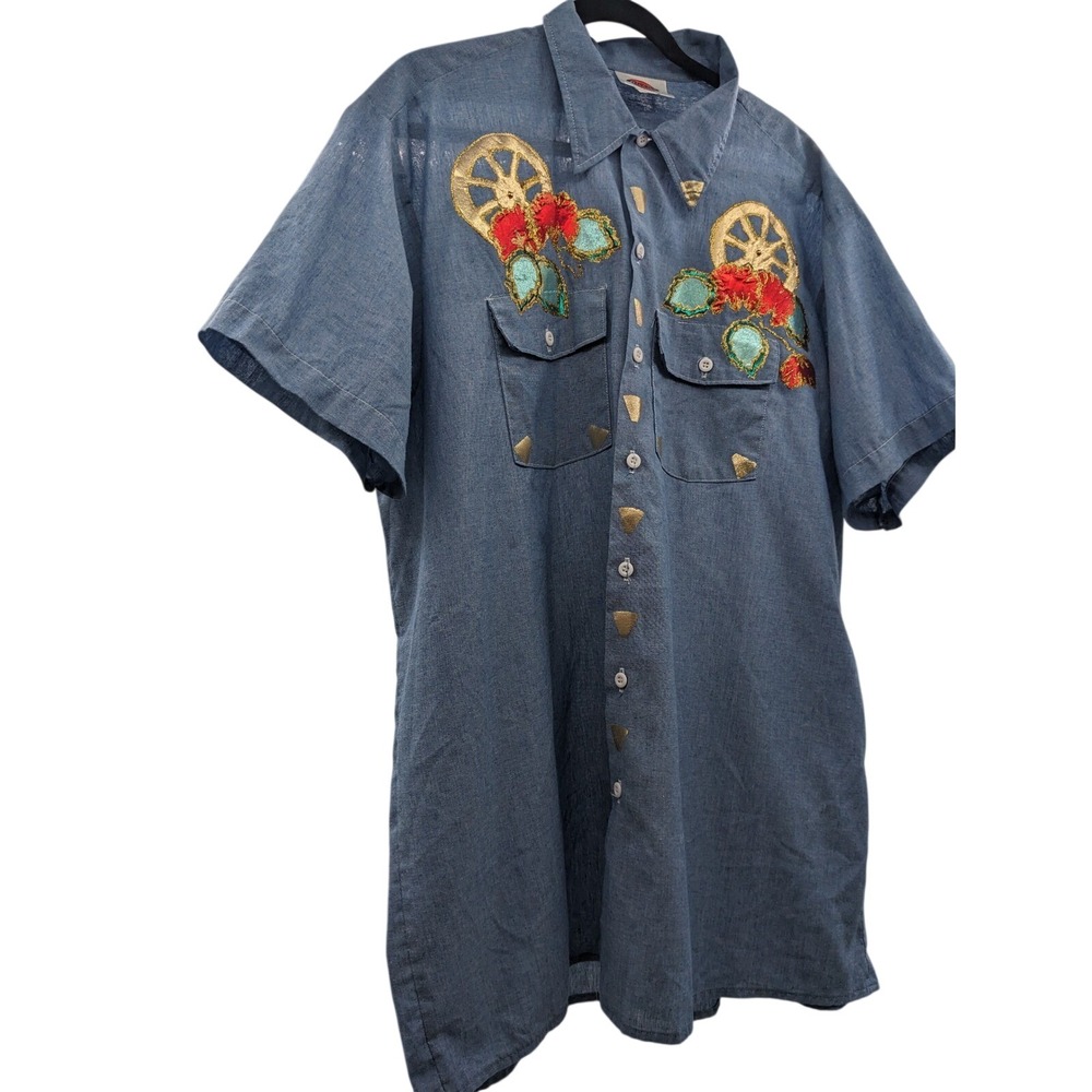 Vintage Dickies Blue Chambray Embroidered Western Shirt Floral Wagon Wheel XXL